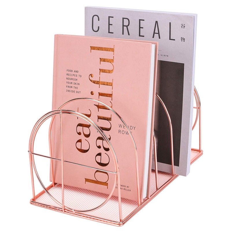 Simmer Stone File Sorter Organizer, 5 Section Magazine Holder Rack, Desktop Round Wire Book Stand for Mail, Paper, Document, Folder, Record and Desk Accessories, Rose Gold - Image 1